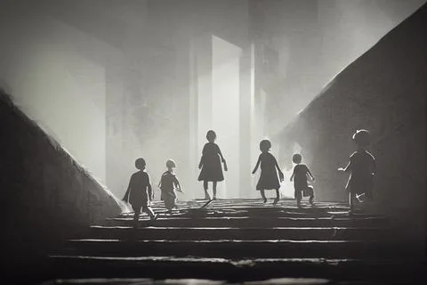 A group of children on a mysterious staircase, a cinematic toned conceptual i Stock Illustration
