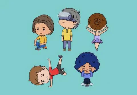Group of children playing and having fun on colorful background Stock Illustration