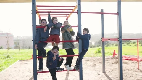 Group of children playing together on playground monkey bars Stock Footage 327760284