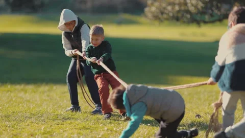 Group of children playing tug of war game in park Stock Footage 330197917