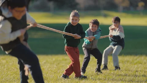 Group of children playing tug of war in sunny park Vídeos de archivo 330198172