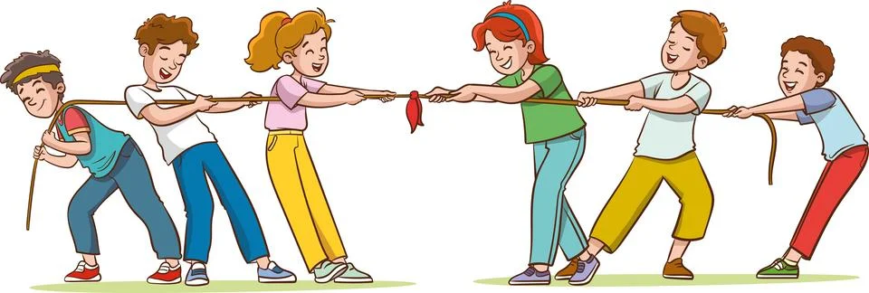 Group of children pulling ropes and playing tug of war Stock Illustration