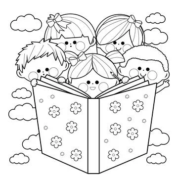 Group of children reading a book. Vector black and white coloring page. Stock Illustration