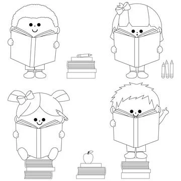 Group of children reading books. Vector black and white coloring page Stock Illustration