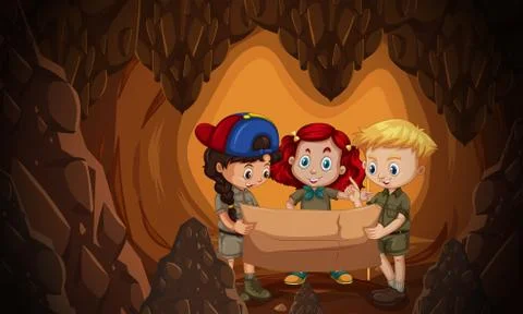 A group of children reading cave map Stock Illustration