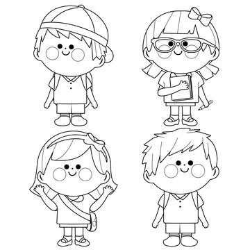 Group of children students. Vector black and white coloring page Stock Illustration