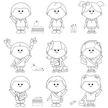 Group of children students. Vector black and white coloring page Stock Illustration