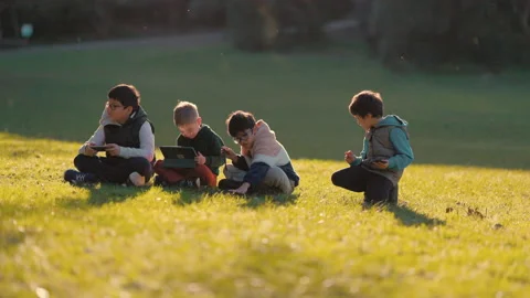 Group of children using digital devices in a park Stock Footage 330197961