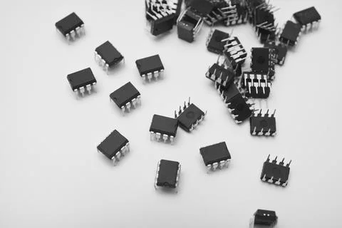 A group of chips on a white background. Computer chips. Components of semic.. Foto stock