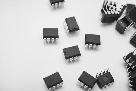 A group of chips on a white background. Computer chips. Components of semic.. Foto stock