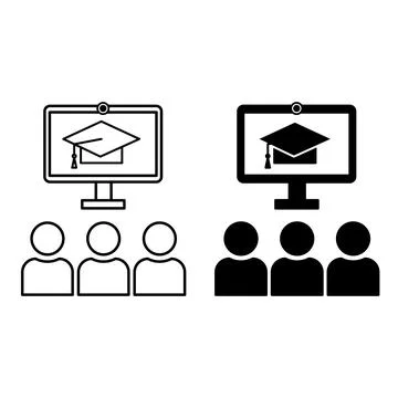 Group Class Icons. Black and White Vector Icons. Computer with Webcam, Grad.. Stock Illustration