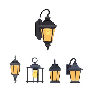 Group of classic house outdoor lamps and ancient lanterns Stock Illustration
