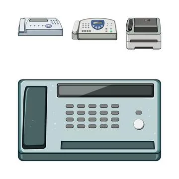 Group of classic office fax machines transmitting documents Stock Illustration