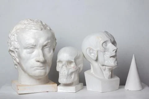 Group classical plaster head bust against a white, old, worn wall. Stock Photos