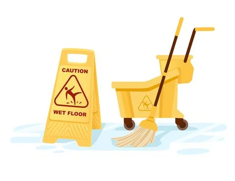 Group of cleaning tools wet floor sign mop bucket cleaning supplies flat vector Stock Illustration