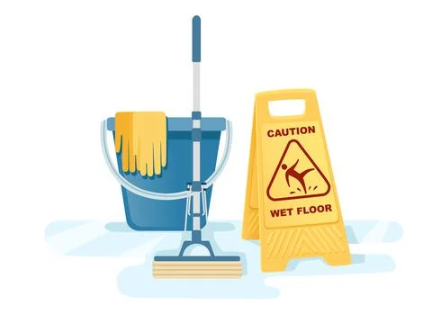 Group of cleaning tools wet floor sign mop bucket cleaning supplies flat vector Stock Illustration