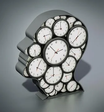Group of clocks forming a head shape. 3D illustration Stock Illustration