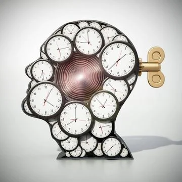 Group of clocks forming a head shape. 3D illustration Group of clocks form... Stock Photos