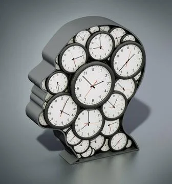 Group of clocks forming a head shape. 3D illustration Group of clocks form... Stock Photos