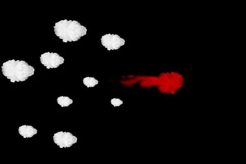 Group of clouds with one red cloud goes faster than others on black backgroun Stock Photos