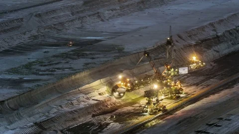 Group of coal diggers in opencast pit coal mine day to night time-lapse Stock Footage 84255123