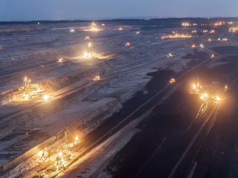 Group of coal diggers in opencast pit coal mine day to night time-lapse Stock Footage 84255998