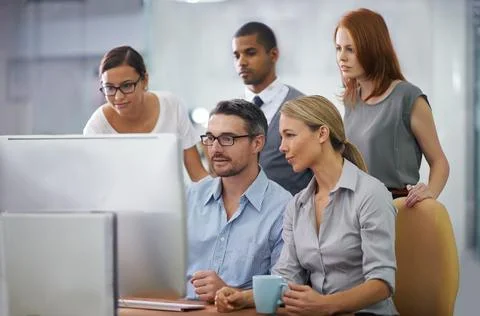 Group, collaboration and help on computer from team, mentor and training Stock Photos