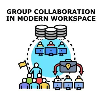 Group collaboration in modern workspace concept vector sign Stock Illustration