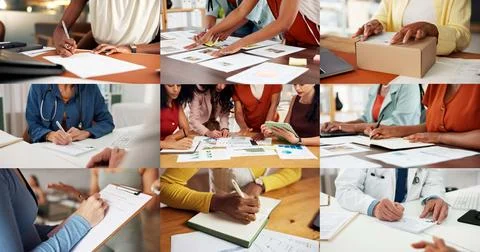 Group, collage and hands with paperwork, sign and doctor with prescription .. Stock Photos