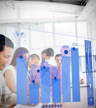 Group of colleagues using blue chart interface Stock Photos