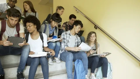 Group of college students studying while sitting on steps Stock Footage 106319314