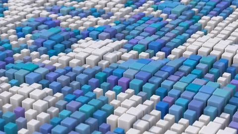 Group of colorful cubes morphing, close-up. Abstract illustration, 3d render. Stock Illustration