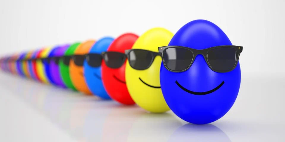Group of colorful easter eggs with black sunglasses in a row Illustrazione stock