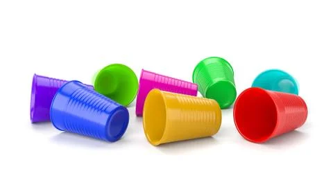 Group of Colorful Plastic Cups Strewn on White Background 3D Illustration Stock Illustration