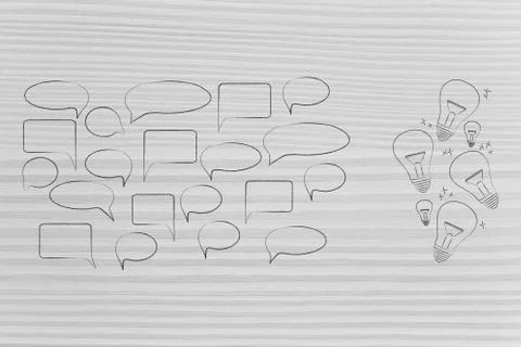 Group of comic bubbles next to group of light bulb symbol of ideas or point o Stockillustratie