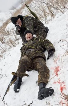 Group commando.bullet wound.warriors with a weapon. Stock Photos