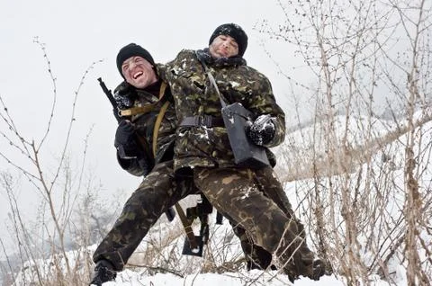 Group commando.bullet wound.warriors with a weapon.ambush. Stock Photos