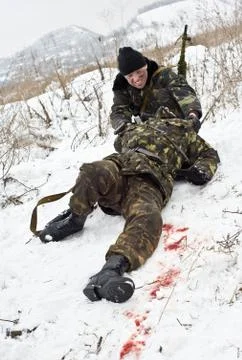 Group commando.bullet wound.warriors with a weapon.ambush. Stock Photos