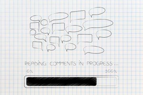 Group of comment speech bubbles with reading in progres caption and bar loadi Stock Illustration