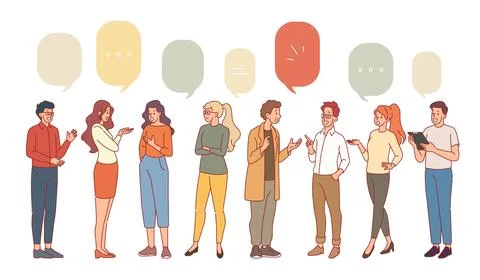 Group of communicating friends. Talking people, men and women discussing topic Stock Illustration