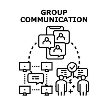 Group communication concept illustrating multiple individuals interacting thr Stock Illustration