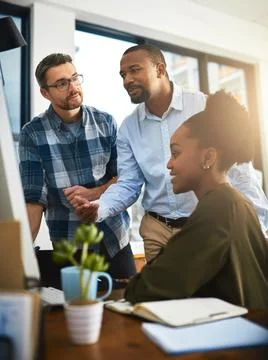 Group, computer and reading of project, smile and intern with lead graphic Foto stock