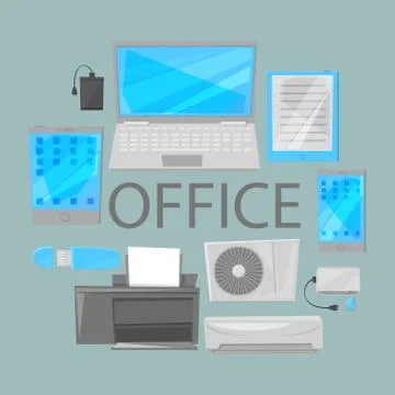 Group computer office equipment vector illustration. Laptop, monitor, tablet pc Stock Illustration