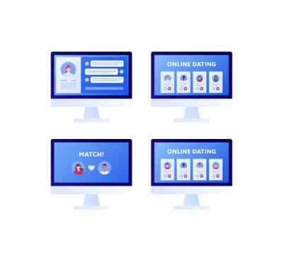 Group of computer screen with dating social media profile, chat and match sign. Stock Illustration