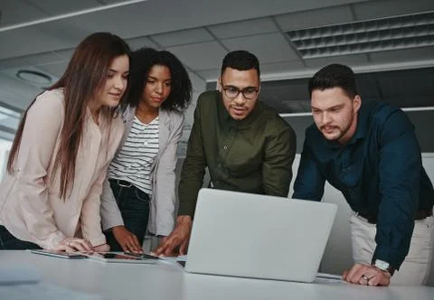 Group of concentrated diverse business team discussing information on laptop Stock Photos