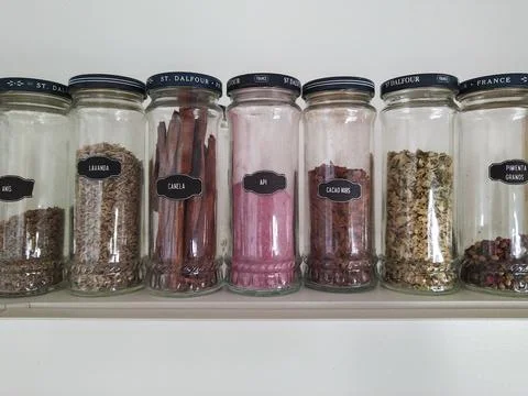 Group of condiments in jars Stock-Fotos