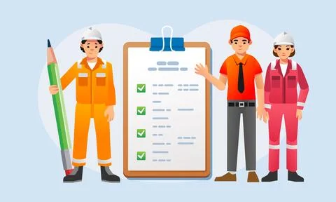 Group construction worker with check marked checklist on clipboard Successful Illustrazione stock