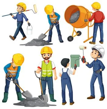 Group of construction workers cartoon characters Stock Illustration