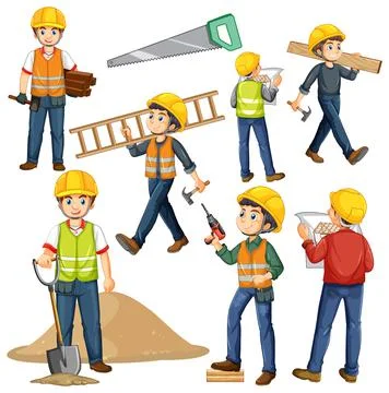 Group of construction workers cartoon characters Stock Illustration