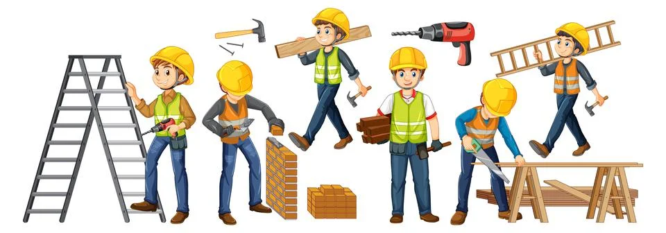 Group of construction workers cartoon characters Stock Illustration